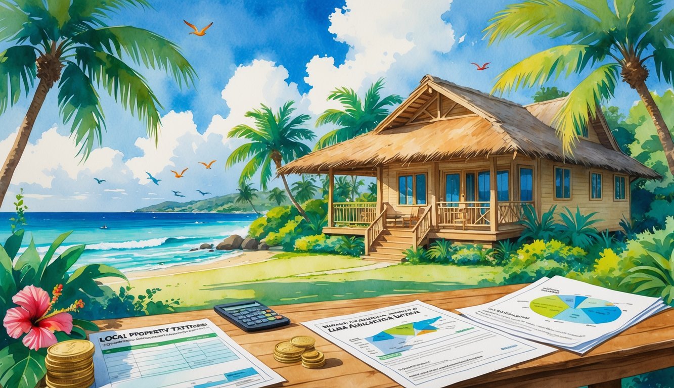 A tropical Hawaiian vacation home surrounded by palm trees and flowers with a person reviewing documents at a wooden table outside, ocean waves in the background.