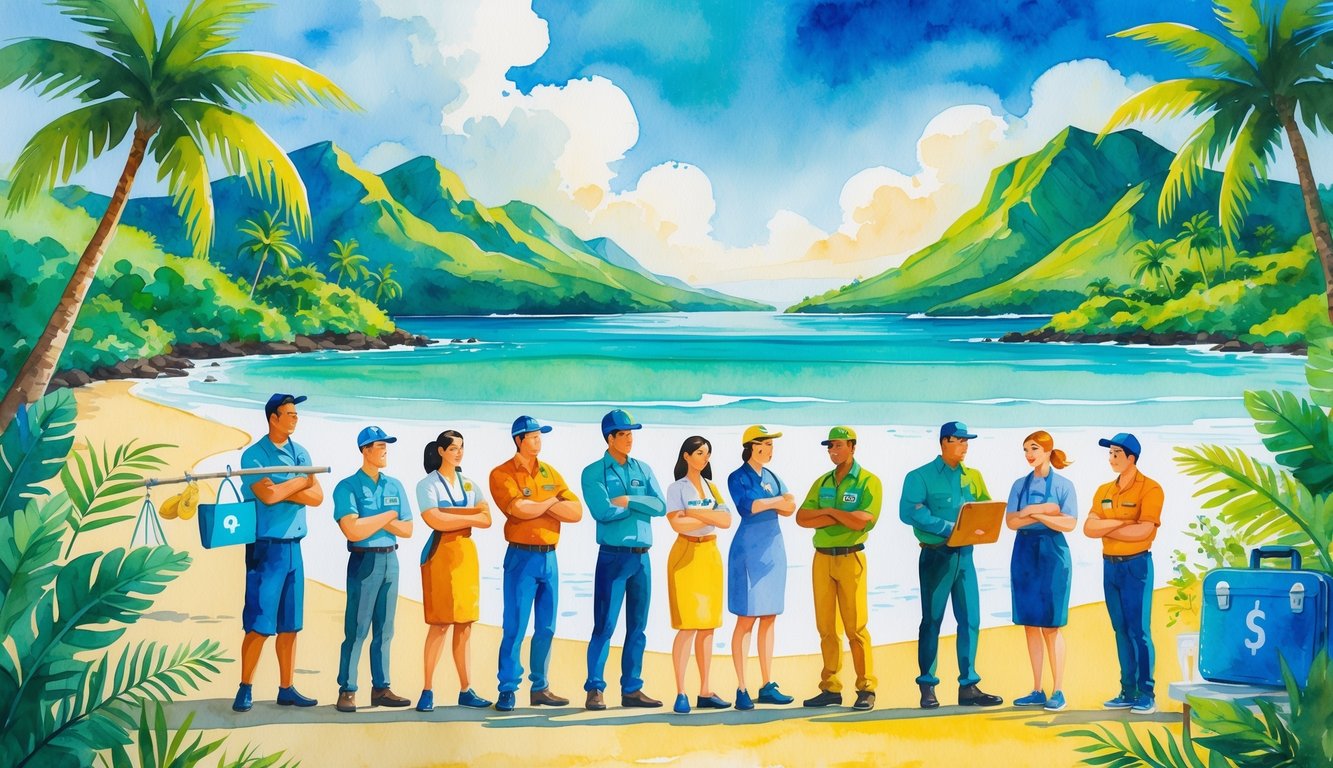 A group of diverse workers in front of Hawaiian mountains and ocean, with symbols of jobs and economy around them.