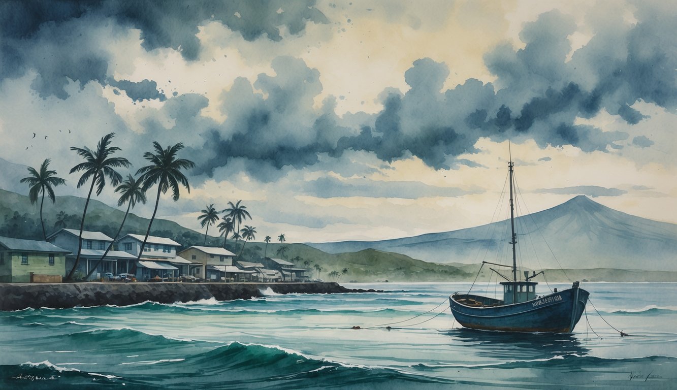 A coastal Hawaiian town with palm trees and a small fishing boat under cloudy skies and turbulent ocean waves.