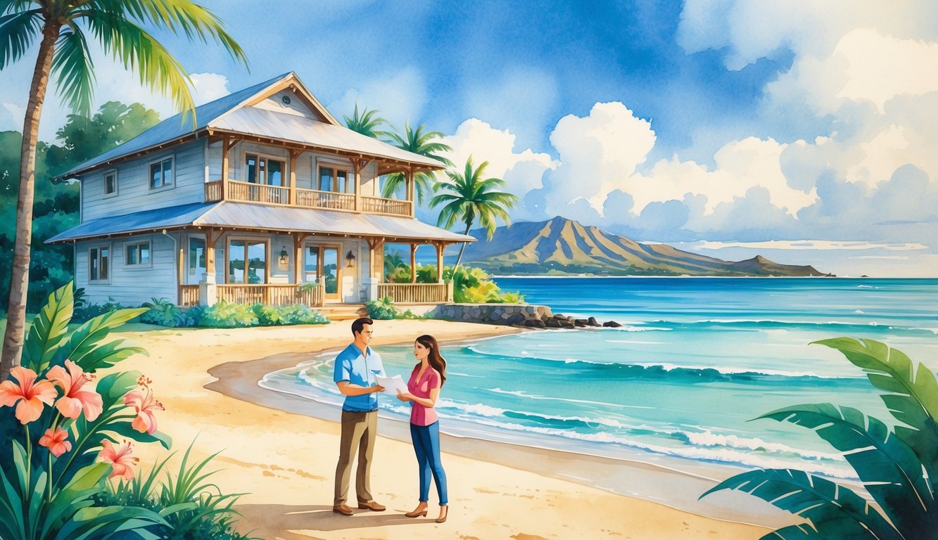 A couple reviewing documents with a real estate agent near a beachfront Hawaiian house surrounded by tropical plants, with ocean and mountains in the background.