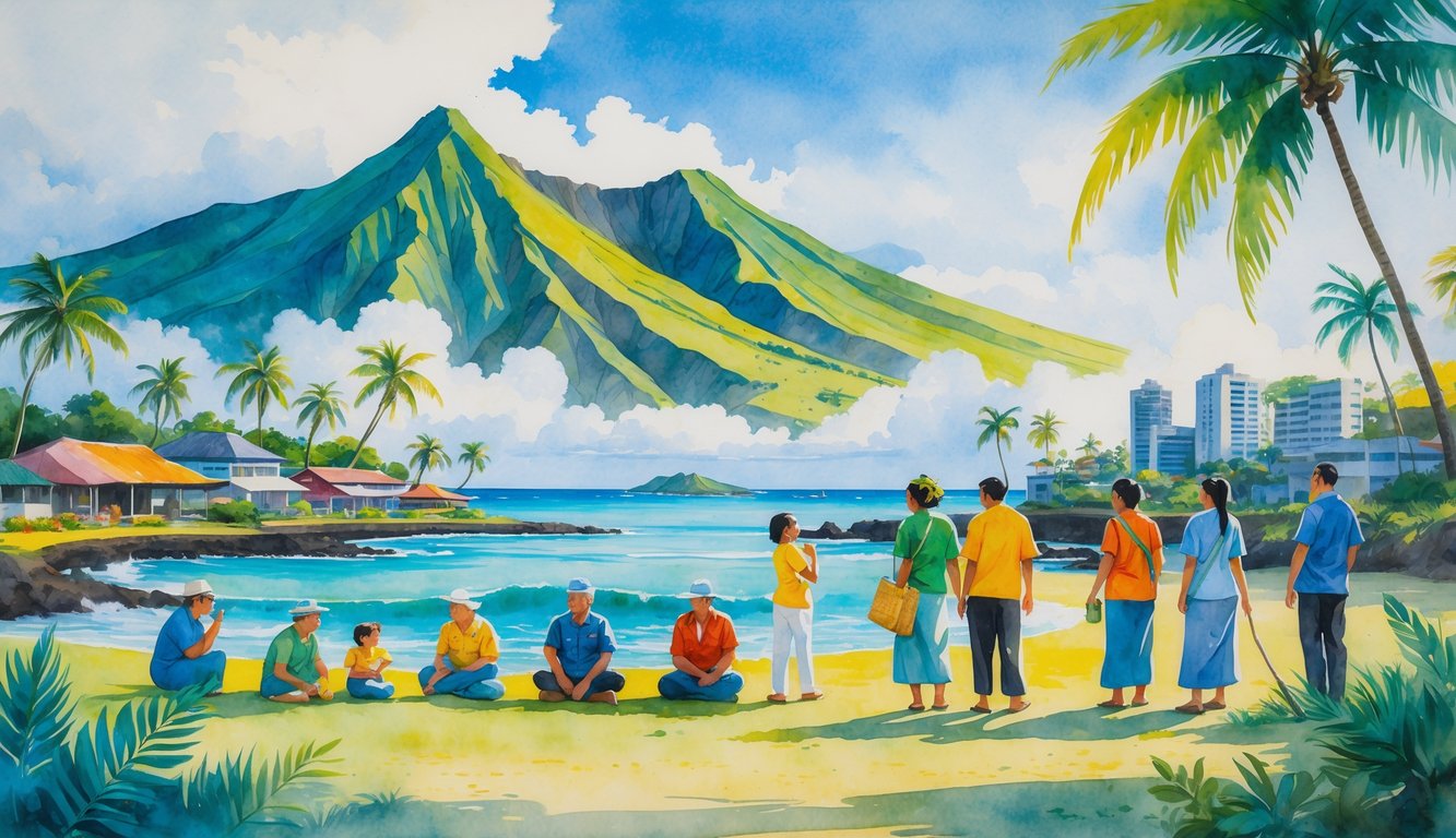 A Hawaiian island landscape with mountains, ocean, and palm trees, showing people of different ages and backgrounds interacting amid natural and urban elements.