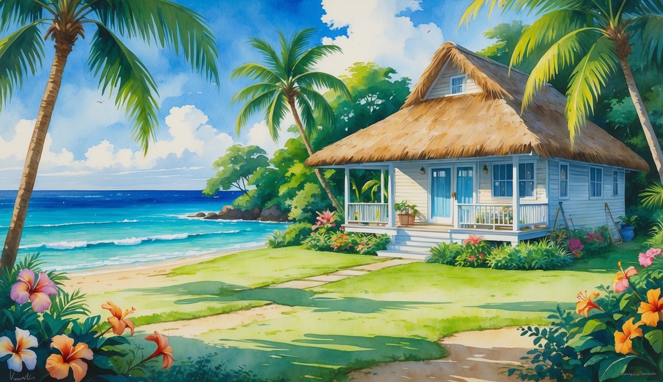 A tropical Hawaiian vacation home surrounded by palm trees, colorful flowers, and a calm ocean in the background.