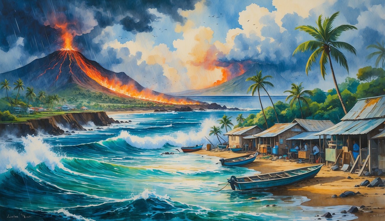 A Hawaiian coastline with a volcanic eruption, stormy skies, damaged village, and turbulent ocean waves showing natural disaster impacts.