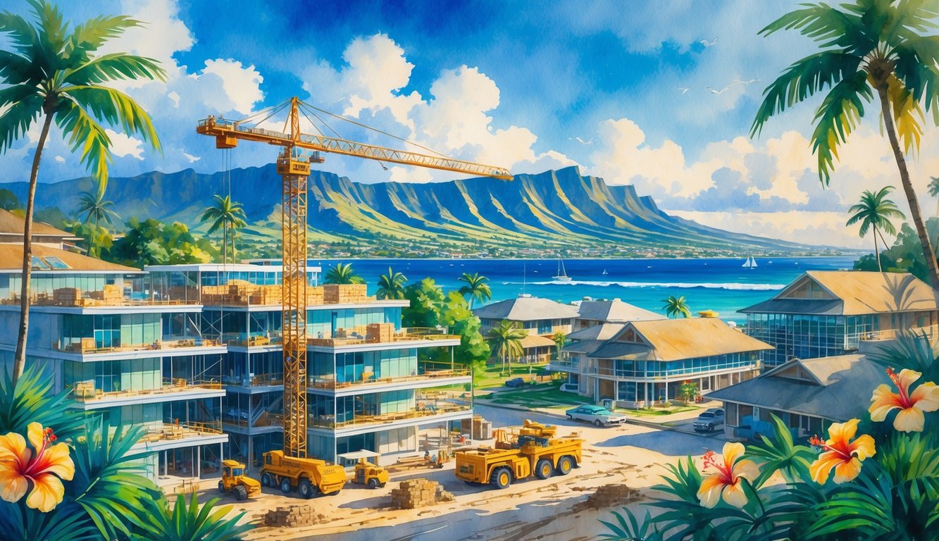 A construction site in Hawaii with cranes and workers building new buildings surrounded by tropical plants, palm trees, mountains, and the ocean in the background.