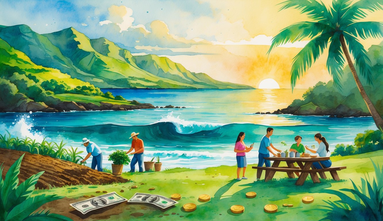 A Hawaiian landscape showing mountains and ocean with people engaged in farming, small business, and family activities, symbolizing economic challenges and personal income.