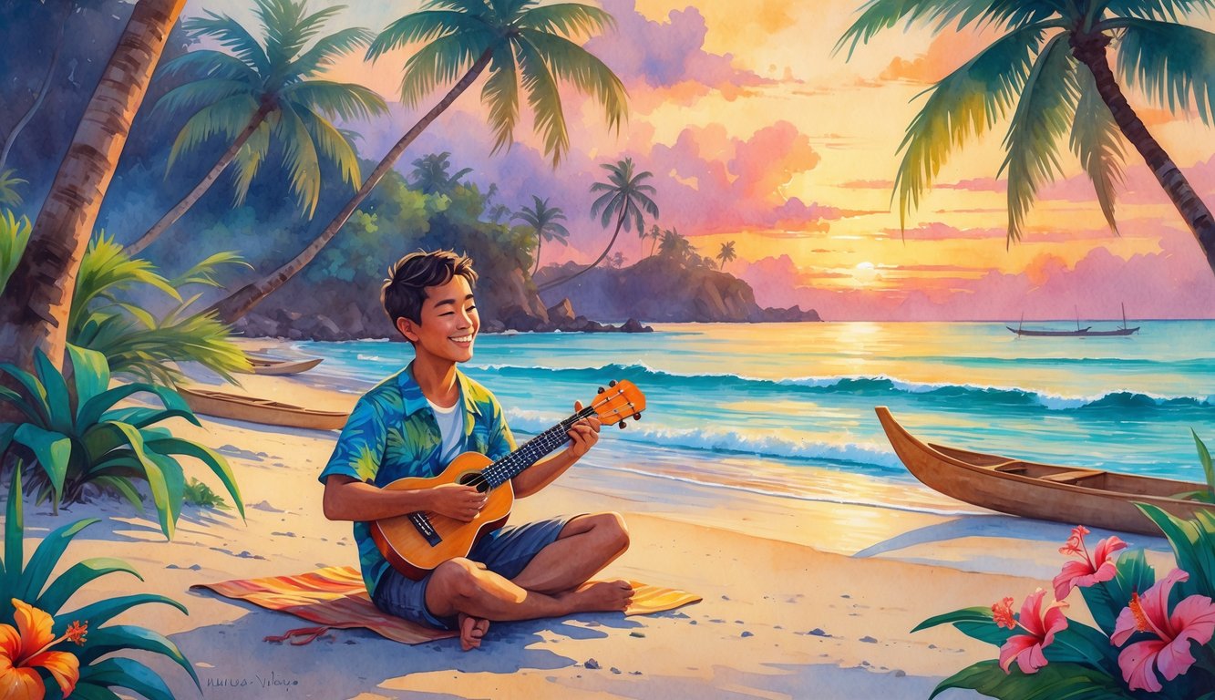 A person sitting on a sandy beach in Hawaii, playing a ukulele surrounded by palm trees, tropical plants, and ocean waves at sunset.