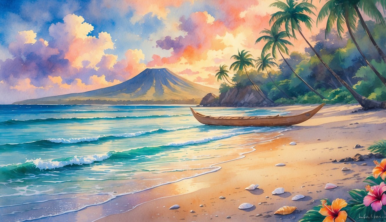 A peaceful Hawaiian beach at sunrise with ocean waves, tropical flowers, palm trees, an outrigger canoe, and a distant volcanic mountain.