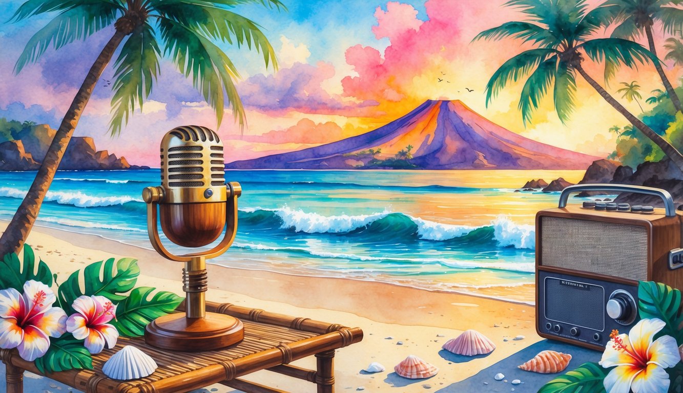A peaceful Hawaiian beach at sunrise with a wooden microphone on a bamboo table surrounded by tropical flowers, palm trees, ocean waves, and a volcano in the distance.