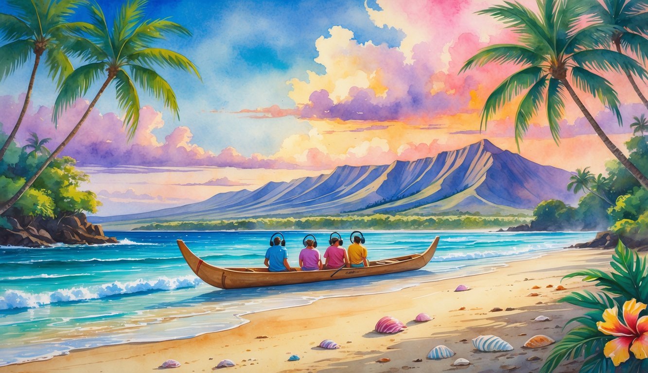 A peaceful Hawaiian beach at sunrise with palm trees, a canoe on the water, and people wearing headphones enjoying the surroundings.