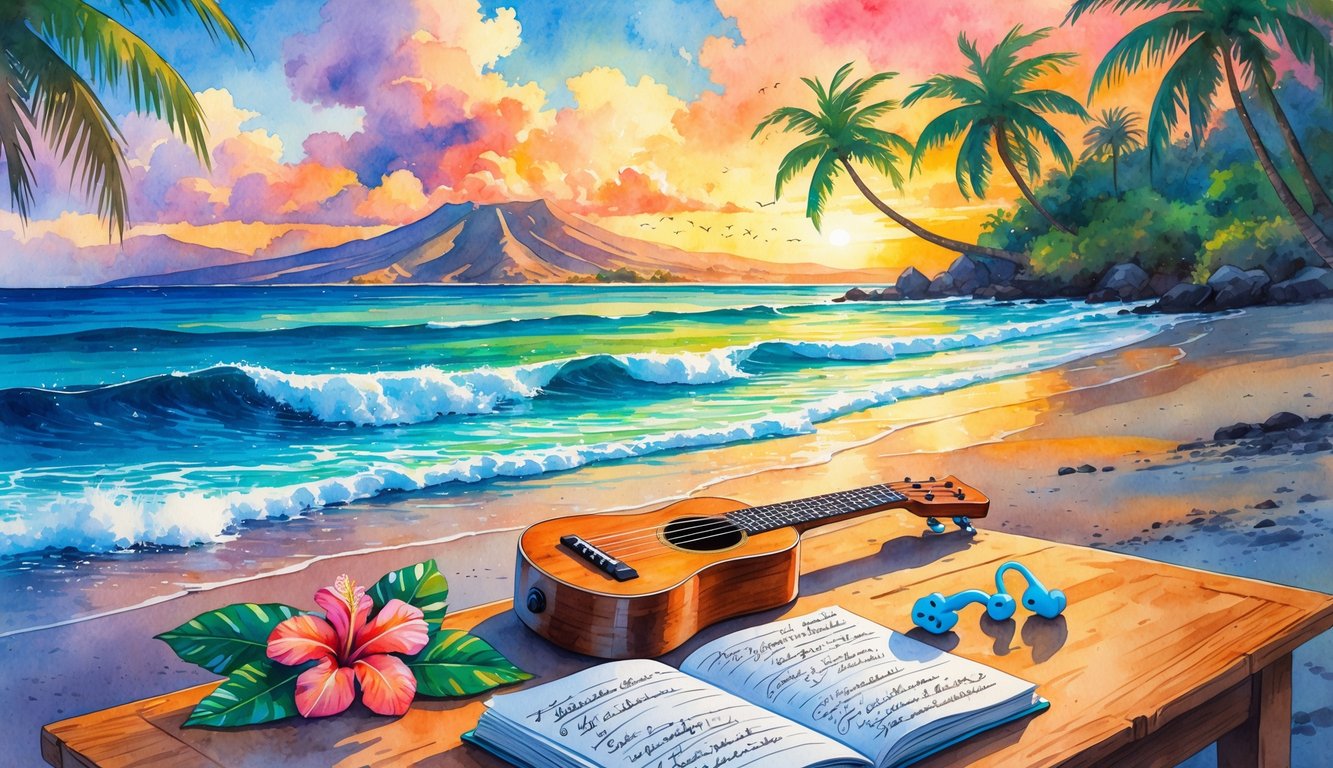 A peaceful Hawaiian beach at sunrise with a ukulele, tropical flowers, wireless earbuds, and an open notebook on a wooden table, palm trees and mountains in the background.