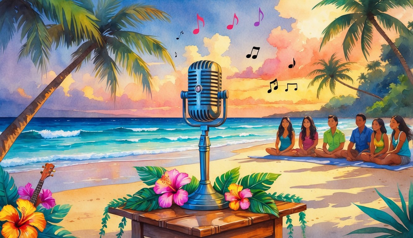 A Hawaiian beach at sunset with palm trees, a microphone on a table surrounded by tropical flowers and musical instruments, and people listening together on a blanket.