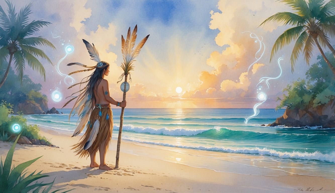 A person in traditional shamanic clothing stands on a Hawaiian beach at sunrise, surrounded by palm trees and gentle ocean waves.