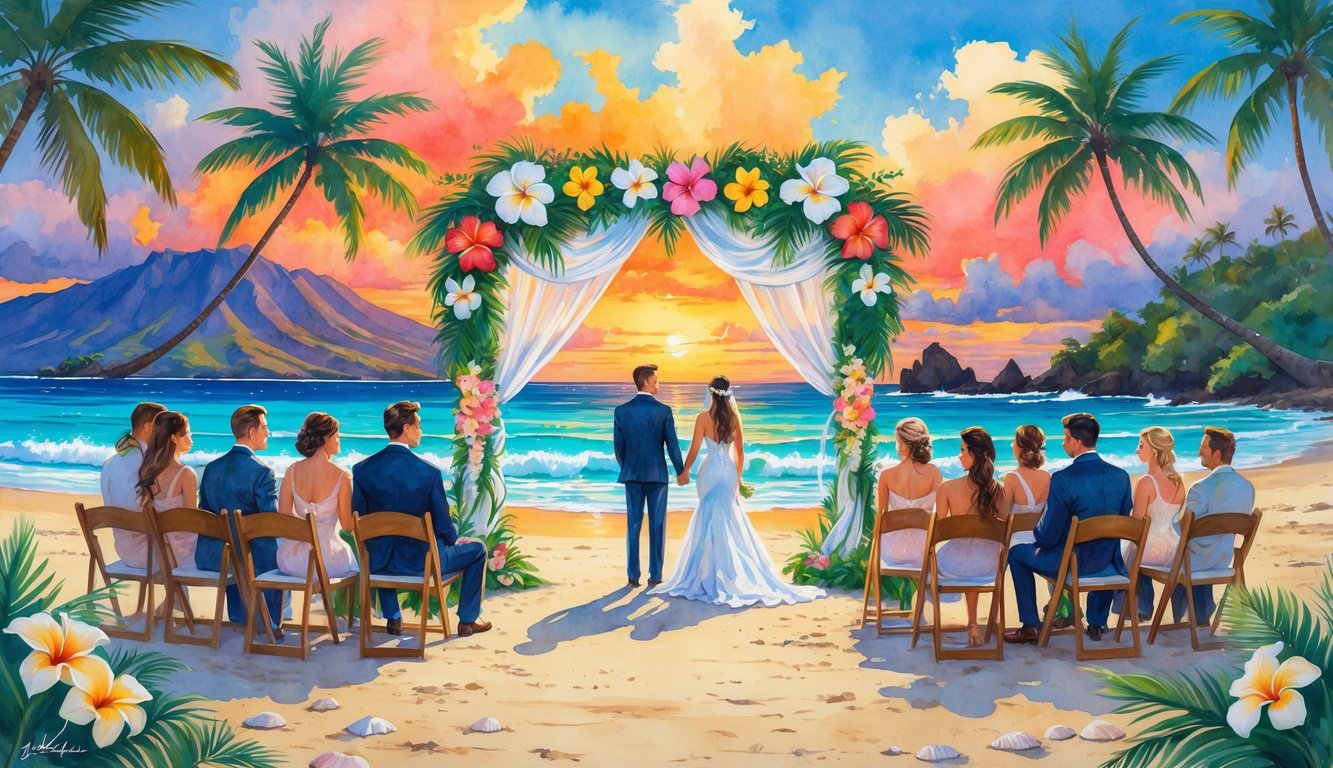 A couple standing under a floral wedding arch on a sandy beach with guests seated nearby, palm trees, ocean waves, and a colorful sunset in the background.
