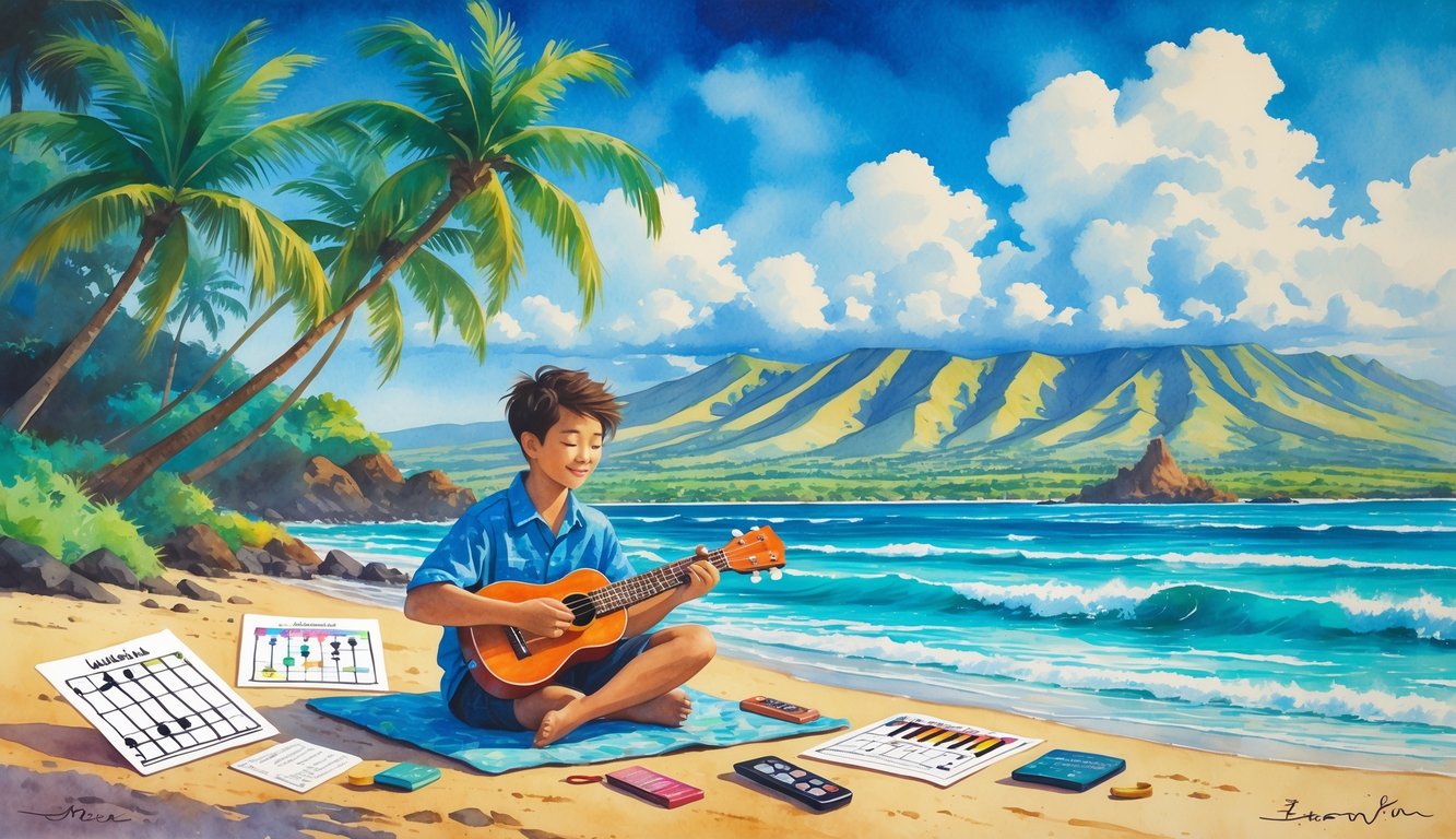 A person sitting on a sandy beach playing a ukulele surrounded by palm trees, ocean waves, and distant mountains.