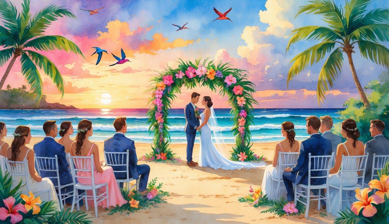 A bride and groom standing under a floral arch on a Hawaiian beach at sunset with guests seated nearby and palm trees in the background.
