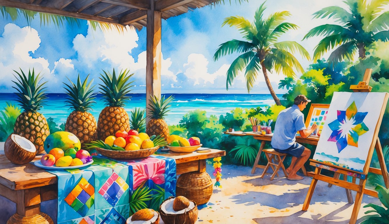 A sunlit Hawaiian scene with tropical fruits, handcrafted items, and a person painting at a wooden table near palm trees and the ocean.