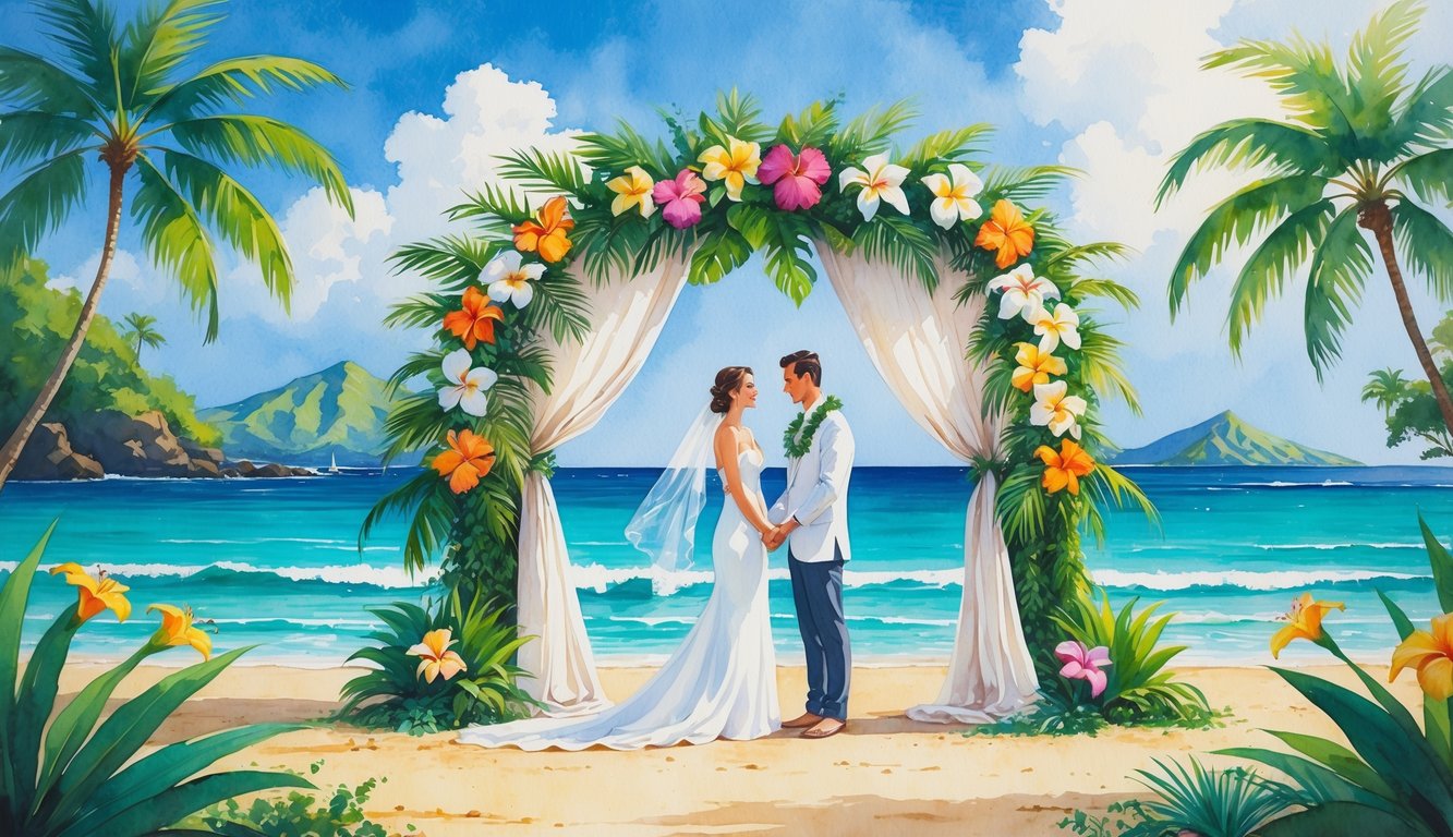 A couple standing under a flower-decorated arch on a tropical beach with palm trees, ocean, and distant islands in the background.