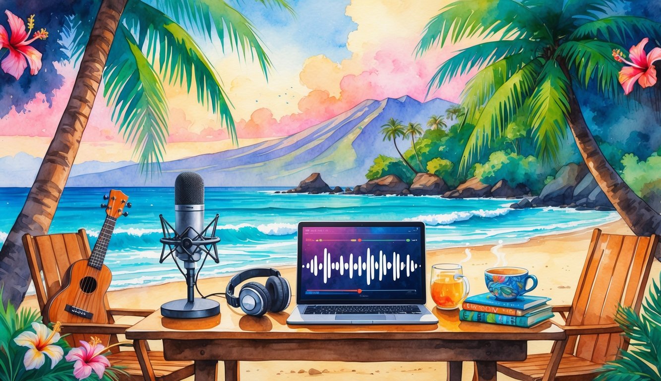 A tropical outdoor scene with a wooden table holding a podcast microphone, headphones, and a laptop near palm trees, flowers, a ukulele, and a beach with mountains in the background.