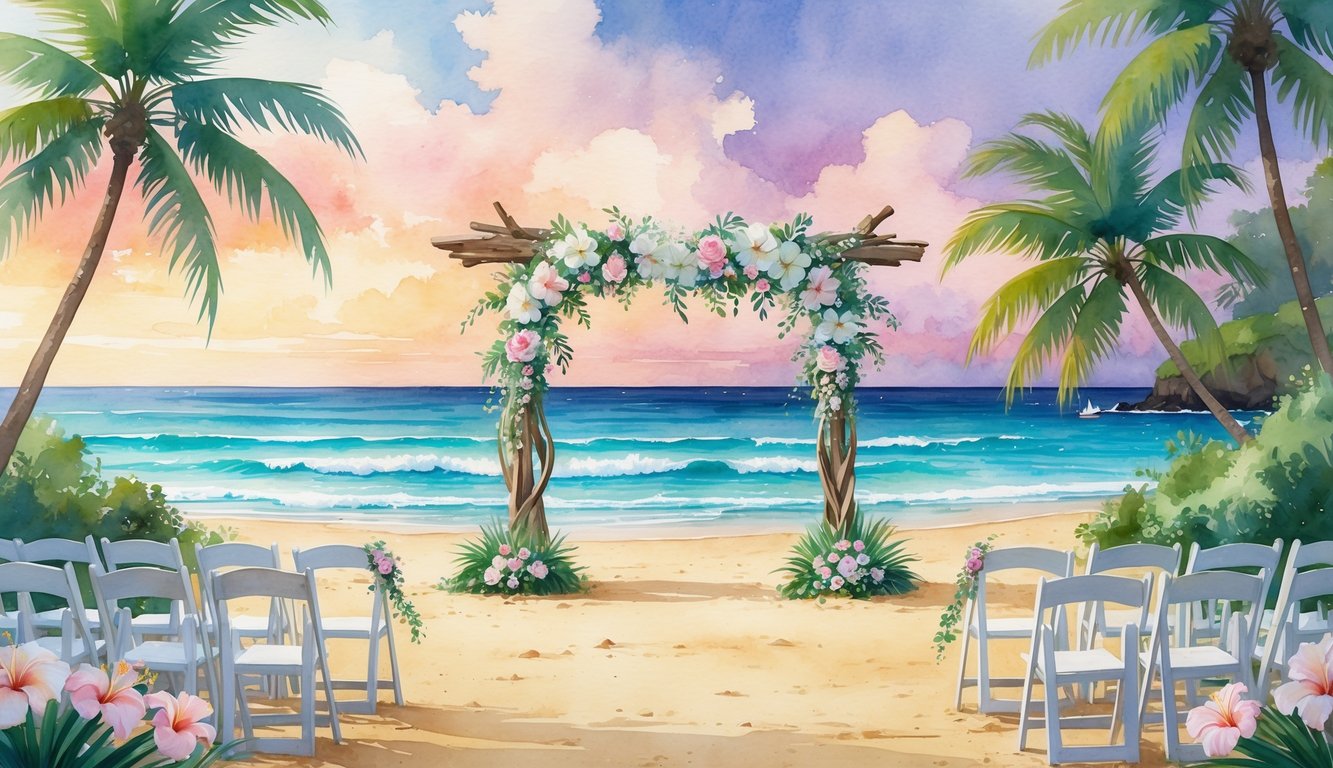 A beach wedding venue in Hawaii with a decorated arch, white chairs, palm trees, and a colorful sunset over the ocean.