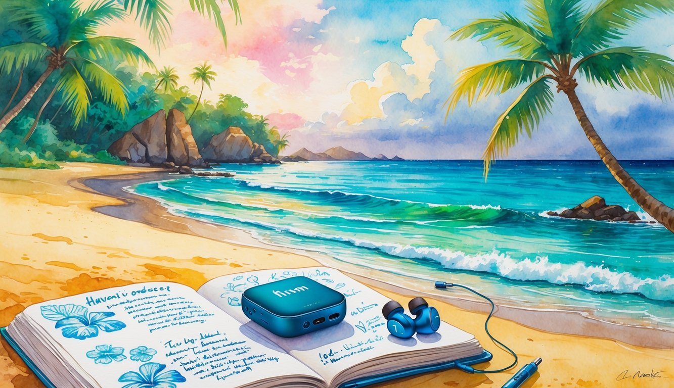 A tropical Hawaiian beach with palm trees, ocean waves, earbuds on a notebook, and a small podcast player resting on the sand during sunrise or sunset.
