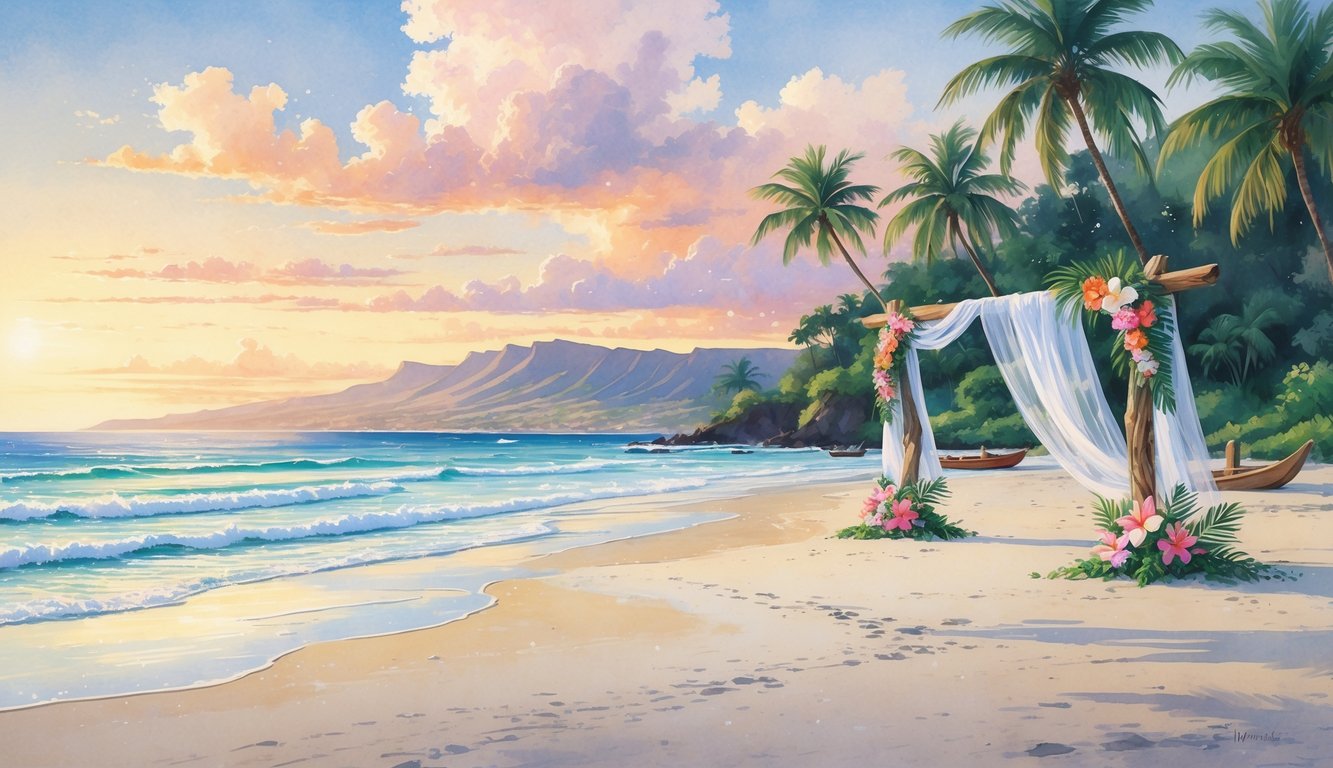 A peaceful Hawaiian beach with a decorated wedding arch, palm trees, tropical flowers, and distant mountains at sunset.
