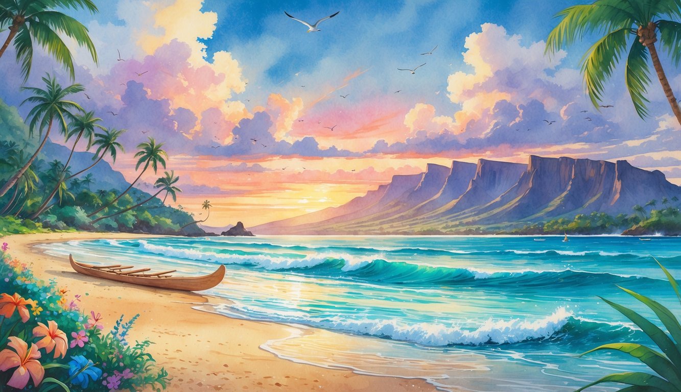 A peaceful Hawaiian beach with palm trees, waves, a canoe, volcanic mountains, and a colorful sunset sky.