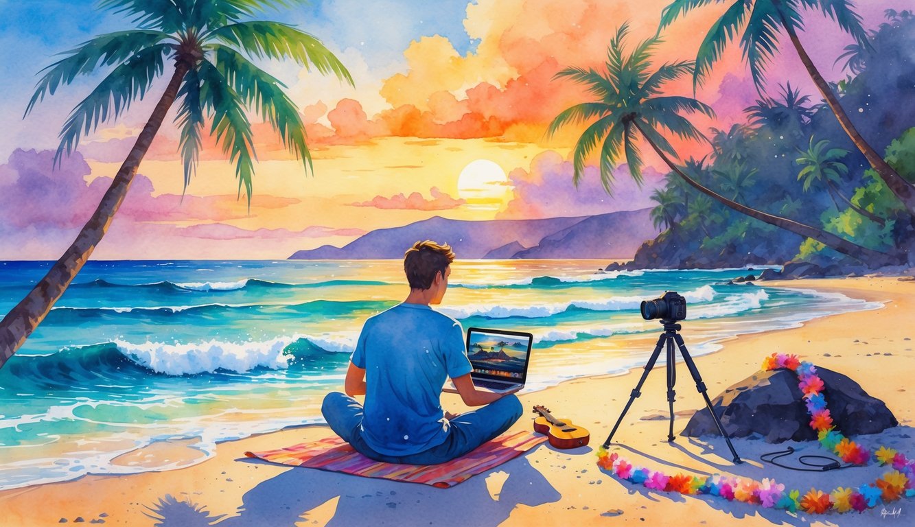A person sitting on a Hawaiian beach at sunset with a laptop, surrounded by palm trees, a ukulele, a lei, a surfboard, and a camera.