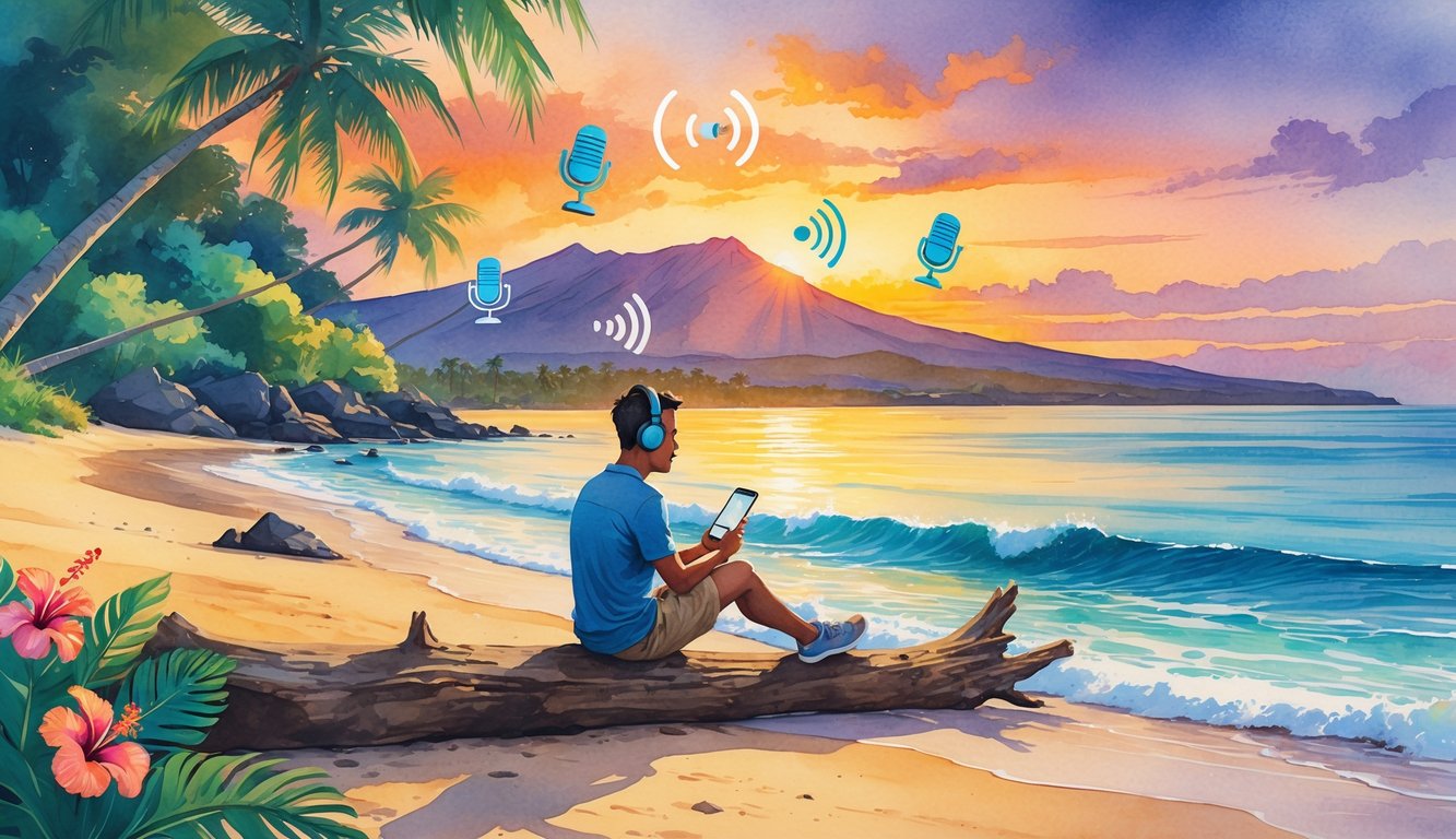 A person wearing headphones sits on a beach at sunset, surrounded by palm trees and mountains, listening to a podcast.