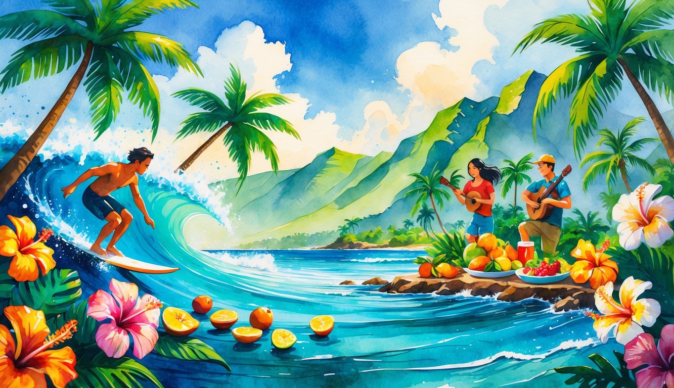 A colorful Hawaiian coastal scene with people surfing, cooking tropical food, playing ukulele, and hiking near mountains and ocean.