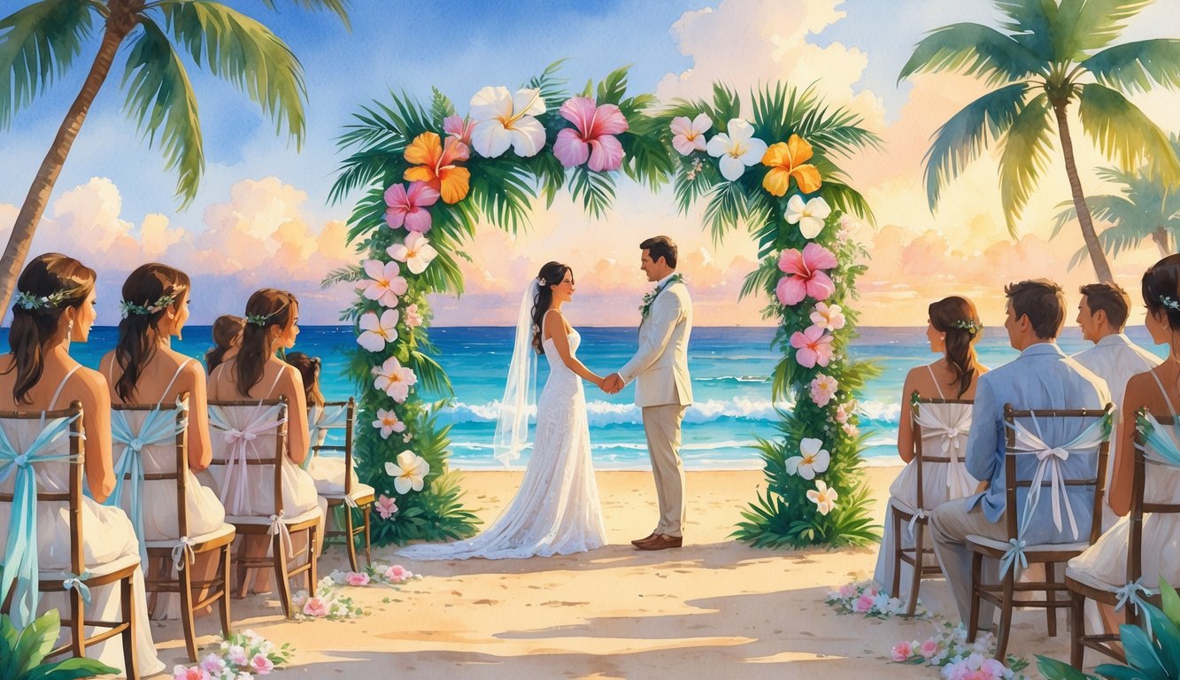 A couple standing under a floral arch on a Hawaiian beach with guests seated nearby, palm trees, ocean waves, and a sunset in the background.