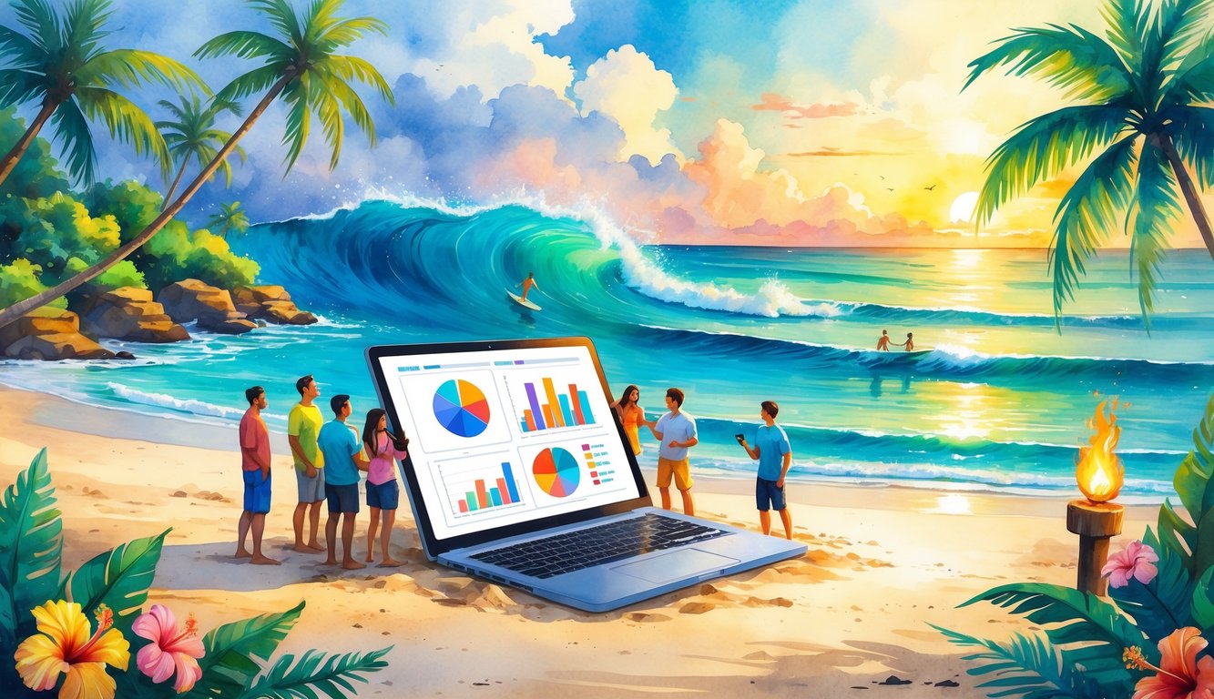 A group of people on a Hawaiian beach gathered around a laptop with graphs, surrounded by palm trees, flowers, tiki torches, ocean waves, and surfers at sunset.