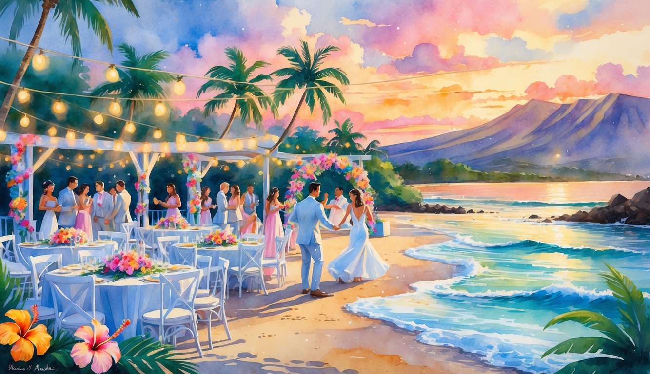 A wedding reception on a Hawaiian beach at sunset with decorated tables, guests celebrating, palm trees, and the ocean in the background.