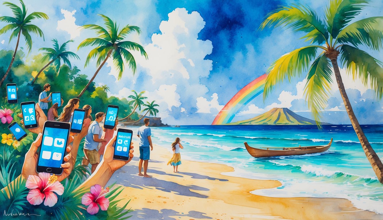 A tropical Hawaiian beach scene with people using digital devices surrounded by palm trees, flowers, ocean waves, a canoe, a mountain, and a rainbow.
