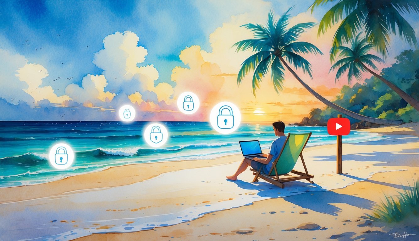 A person sitting on a beach chair by the ocean using a laptop, surrounded by palm trees and a sunset sky.