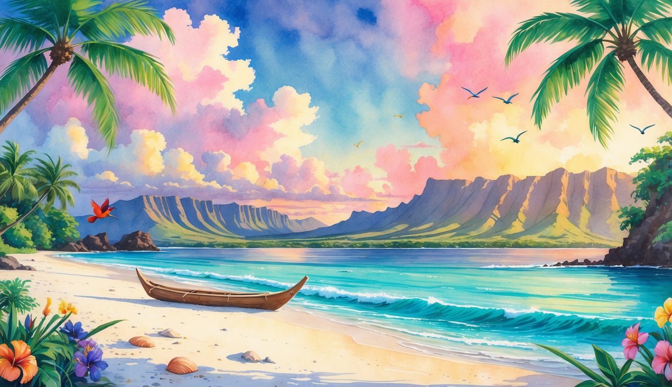 A tropical Hawaiian beach at sunrise with palm trees, turquoise water, volcanic mountains, and a canoe near the shore.