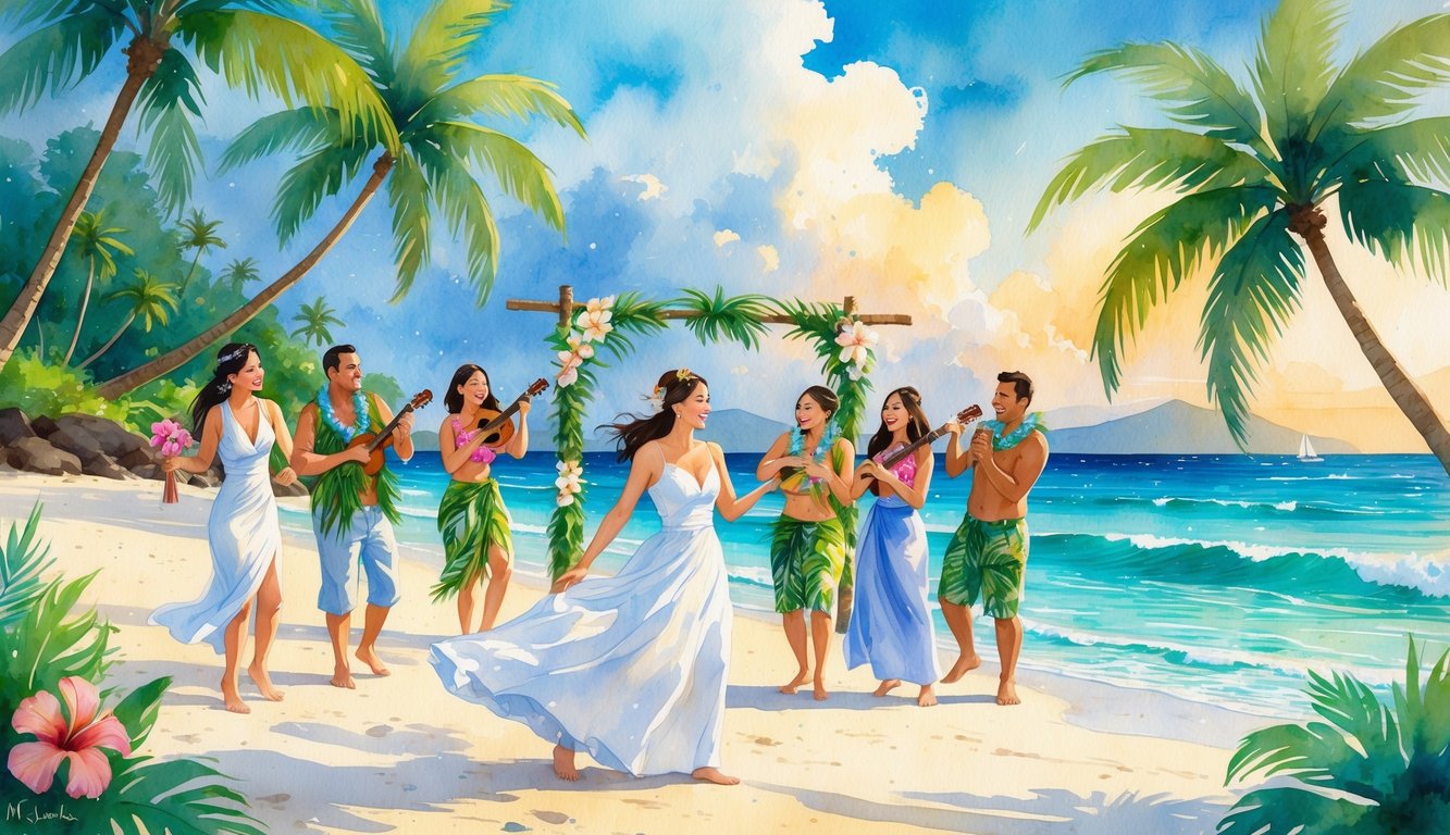 A wedding group enjoying activities on a tropical Hawaiian beach with palm trees, clear ocean, and a wedding arch near the shore.