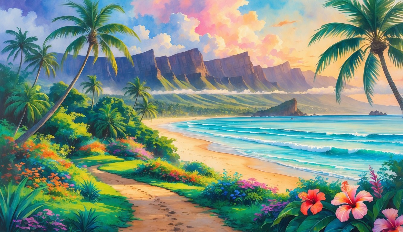 A tropical Hawaiian landscape with palm trees, a beach with turquoise water, volcanic mountains in the background, and colorful flowers under a warm sunrise sky.