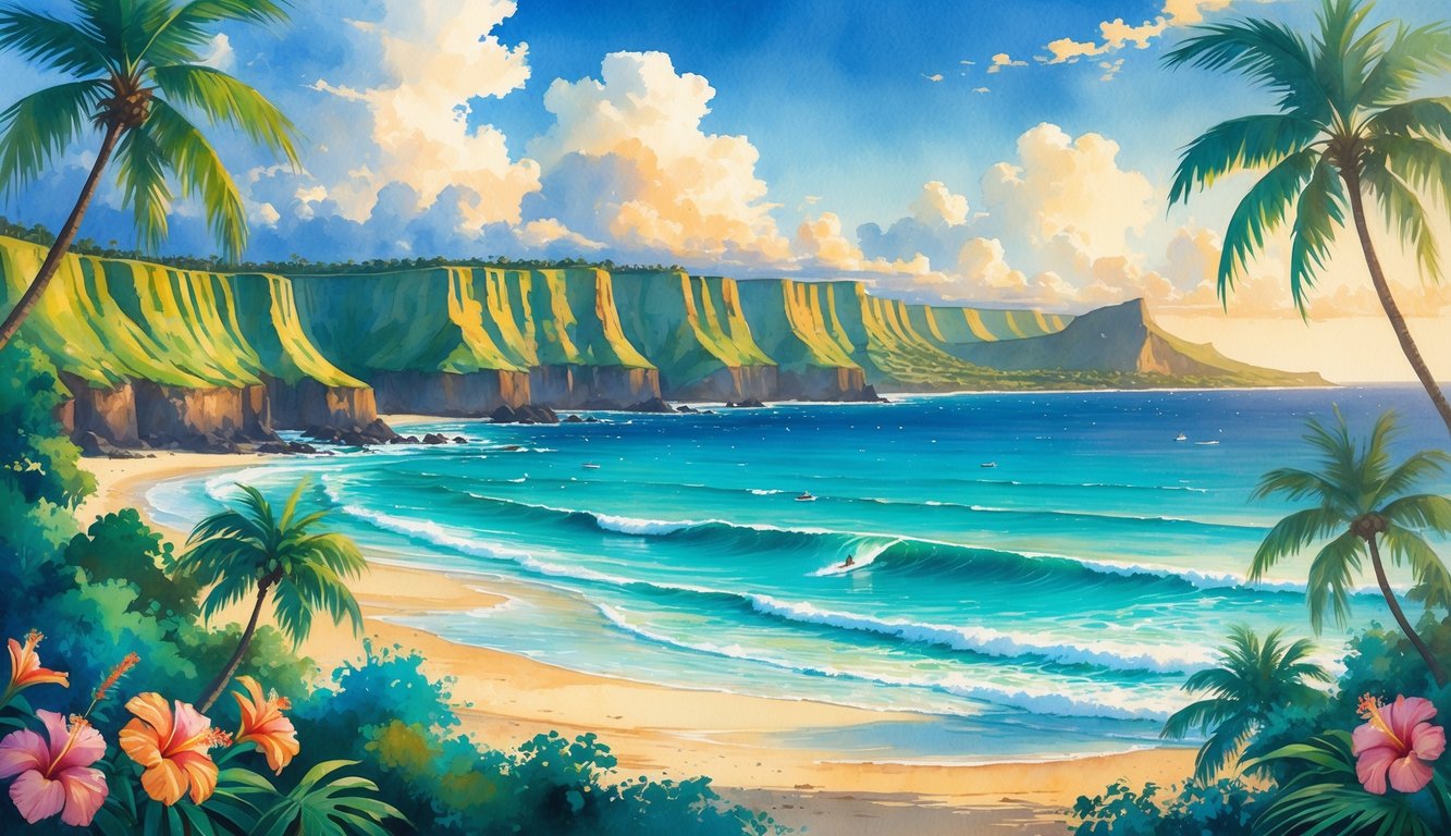A panoramic view of Oahu showing green cliffs, turquoise beach waters with surfers, a volcanic crater, palm trees, and tropical flowers under a bright blue sky.