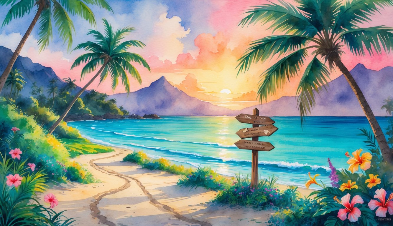 A peaceful beach path lined with palm trees and tropical flowers leading toward the ocean with mountains in the background under a colorful sunrise sky.