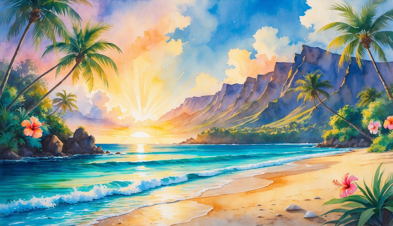 A tropical beach with palm trees, colorful flowers, clear ocean water, and mountains in the background during sunrise.
