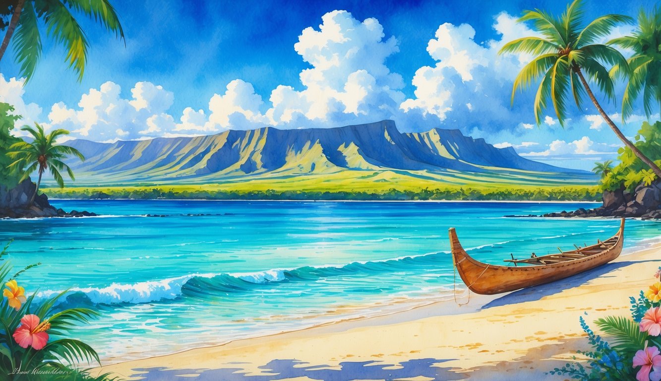 A peaceful Hawaiian beach with turquoise water, white sand, palm trees, colorful flowers, a canoe near the shore, and mountains in the background under a blue sky.