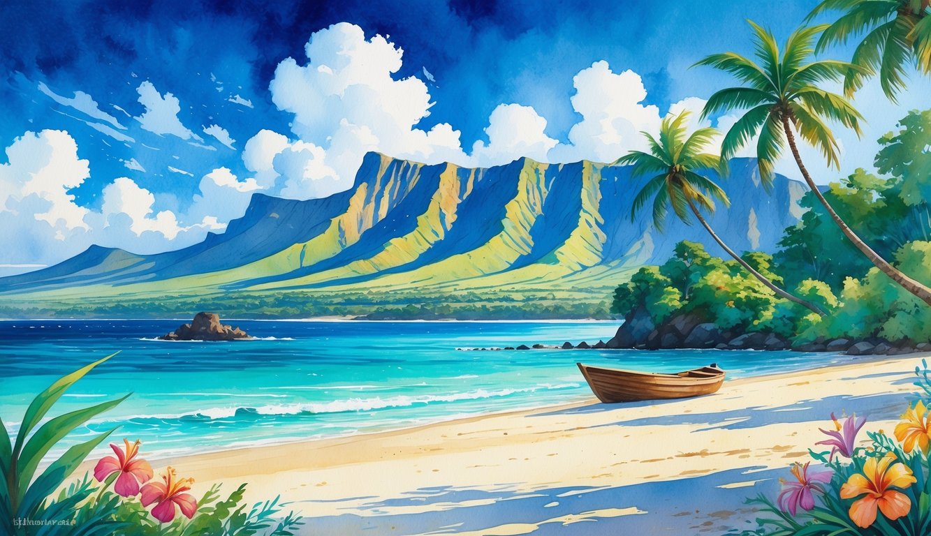 A tropical Hawaiian beach with palm trees, clear blue water, volcanic mountains, and colorful flowers.