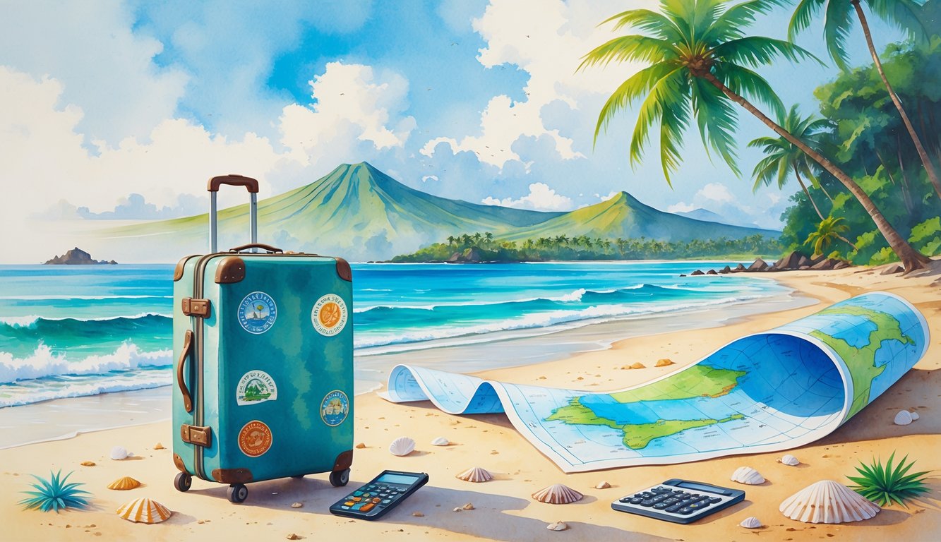 A suitcase on a sandy beach near tropical flowers and a map showing a route to an island with palm trees, waves, and mountains.