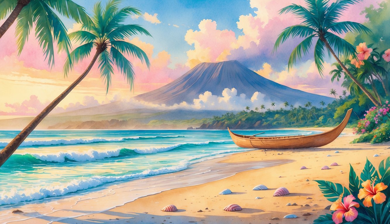 A peaceful Hawaiian beach with palm trees, a canoe on the sand, tropical flowers, and a volcanic mountain in the background at sunrise.