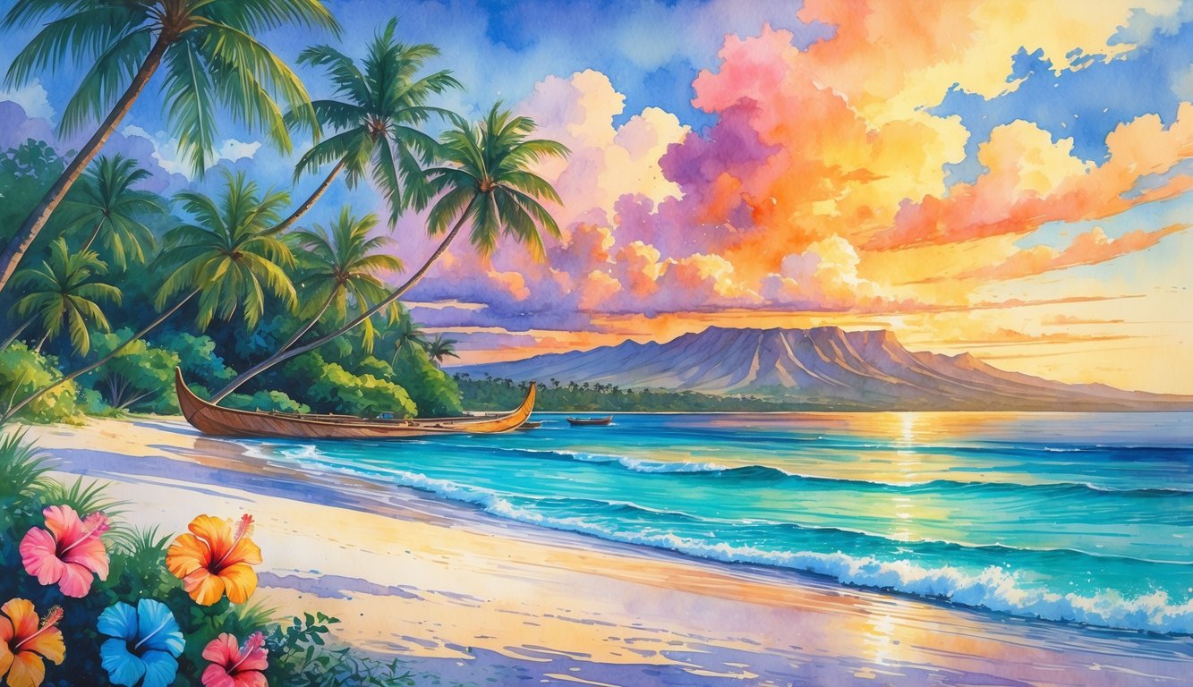 A peaceful Hawaiian beach with palm trees, hibiscus flowers, a canoe on the shore, and volcanic mountains in the background at sunset.