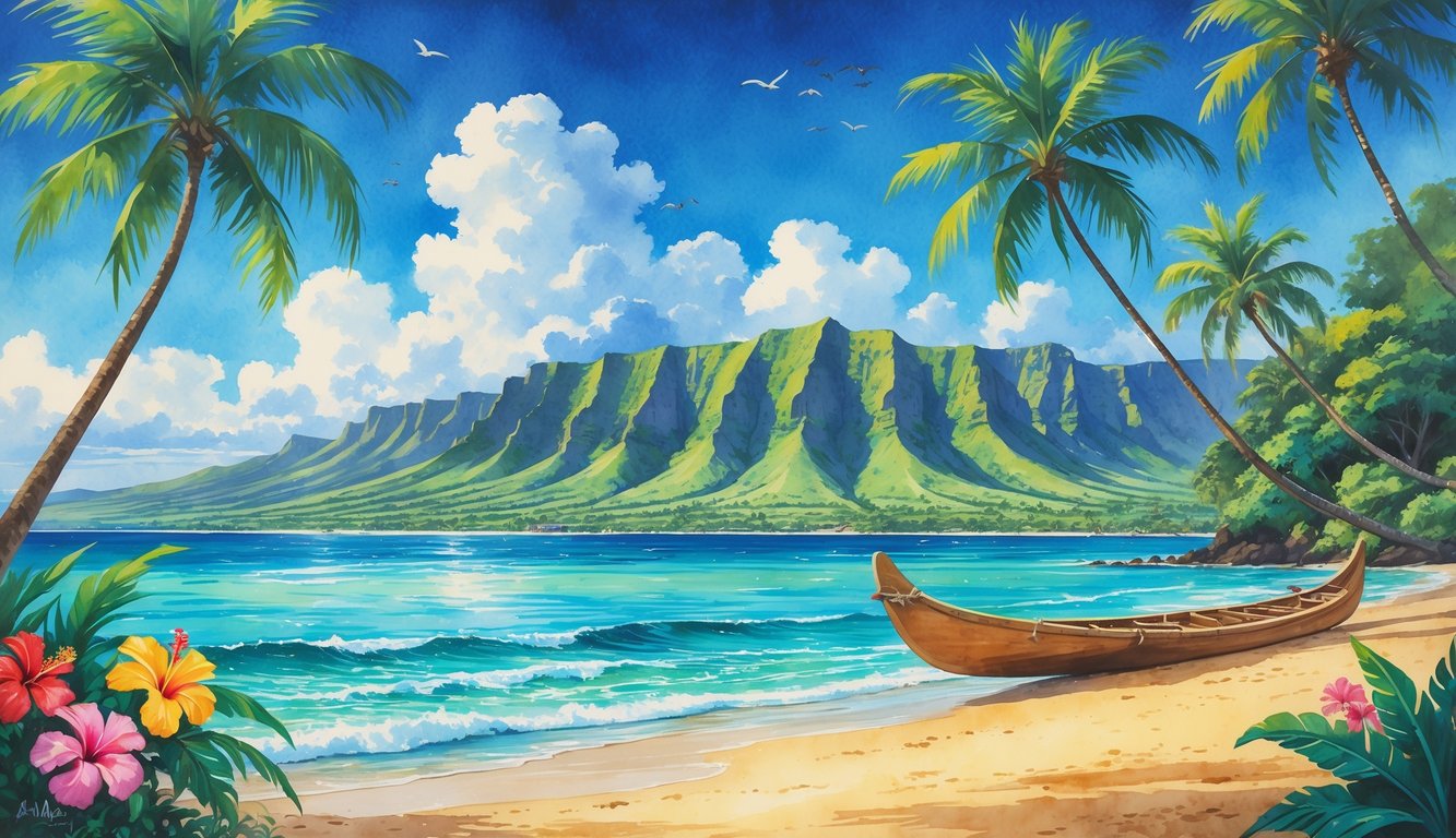 A tropical Hawaiian beach with palm trees, clear blue water, volcanic mountains, and colorful flowers under a sunny sky.