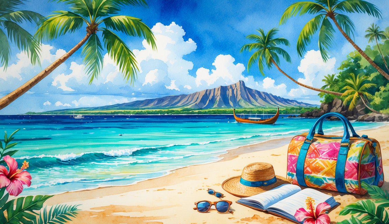 A peaceful Hawaiian beach with palm trees, turquoise water, a beach bag, sunhat, sunglasses, travel journal, camera, a canoe on the water, volcanic mountains, and tropical flowers.
