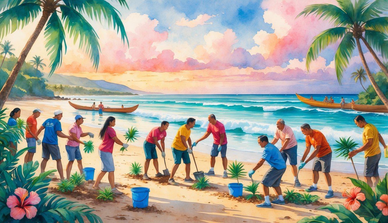 People working together on a Hawaiian beach surrounded by tropical plants and canoes at sunrise.