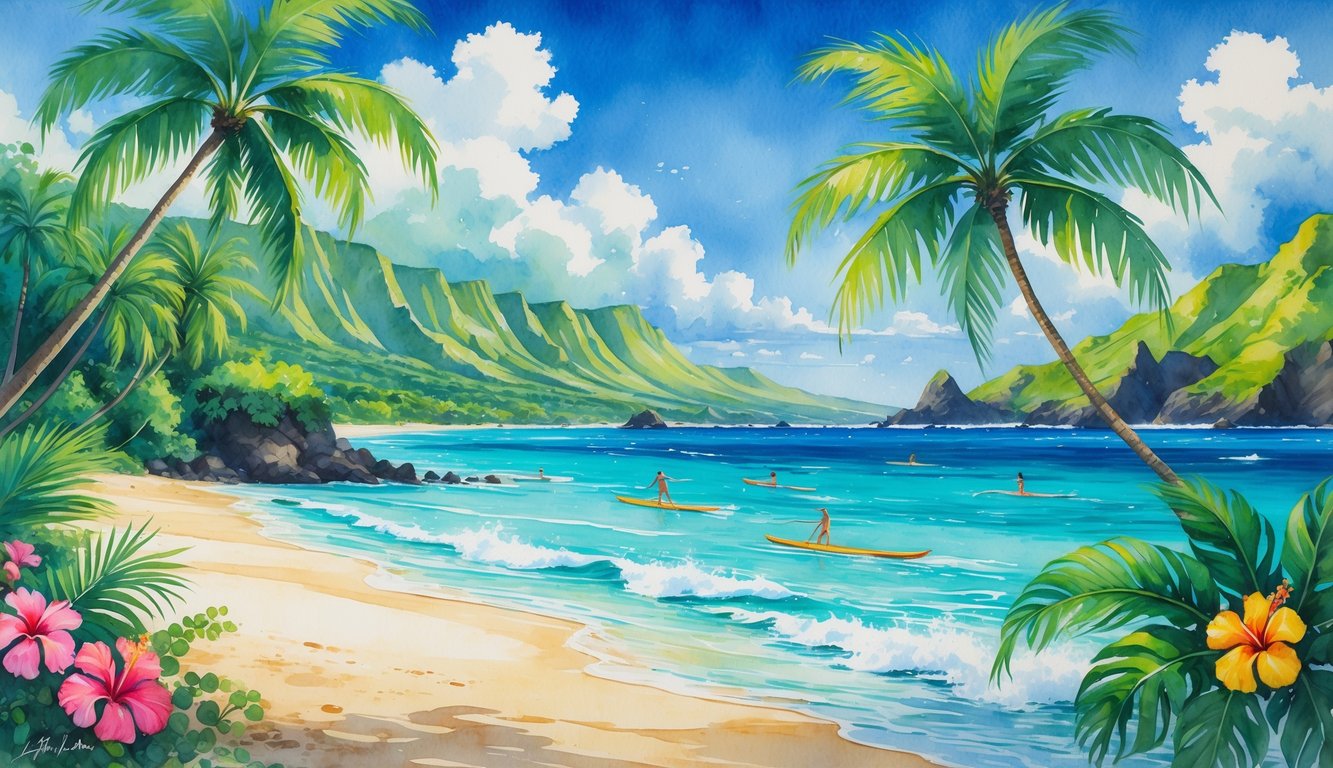 A tropical Hawaiian island with palm trees, sandy beach, ocean with canoes and surfers, and volcanic mountains under a blue sky.