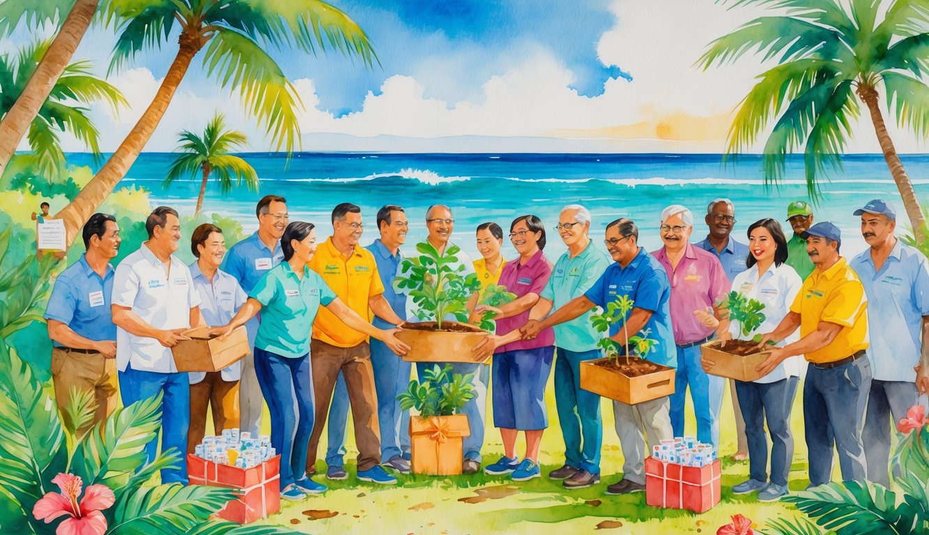 A group of diverse people working together outdoors in a Hawaiian landscape with palm trees and ocean, helping and supporting each other.